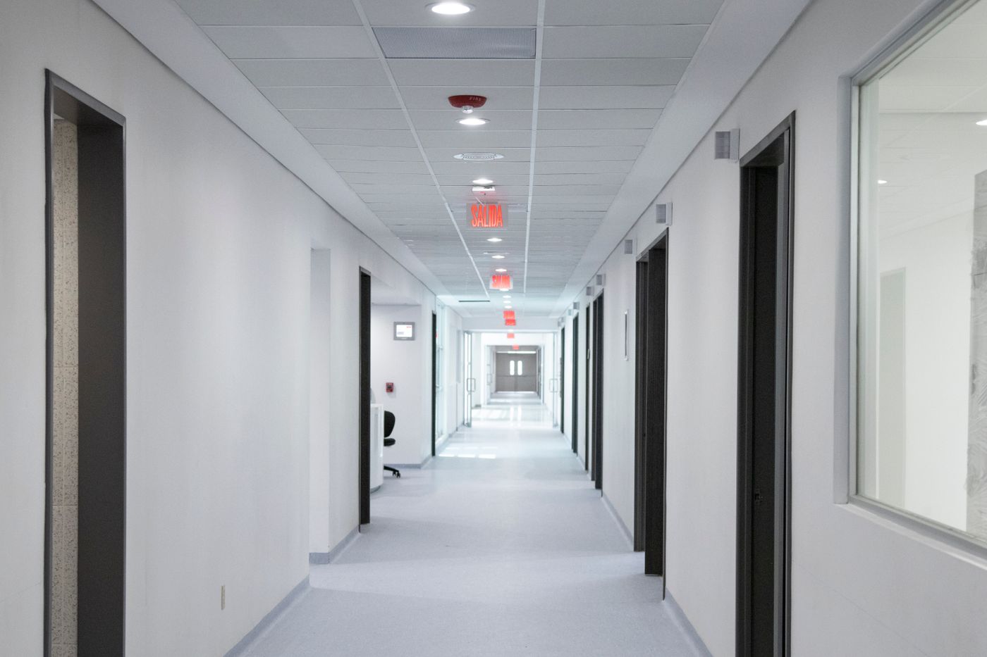 A bright modern hospital corridor.