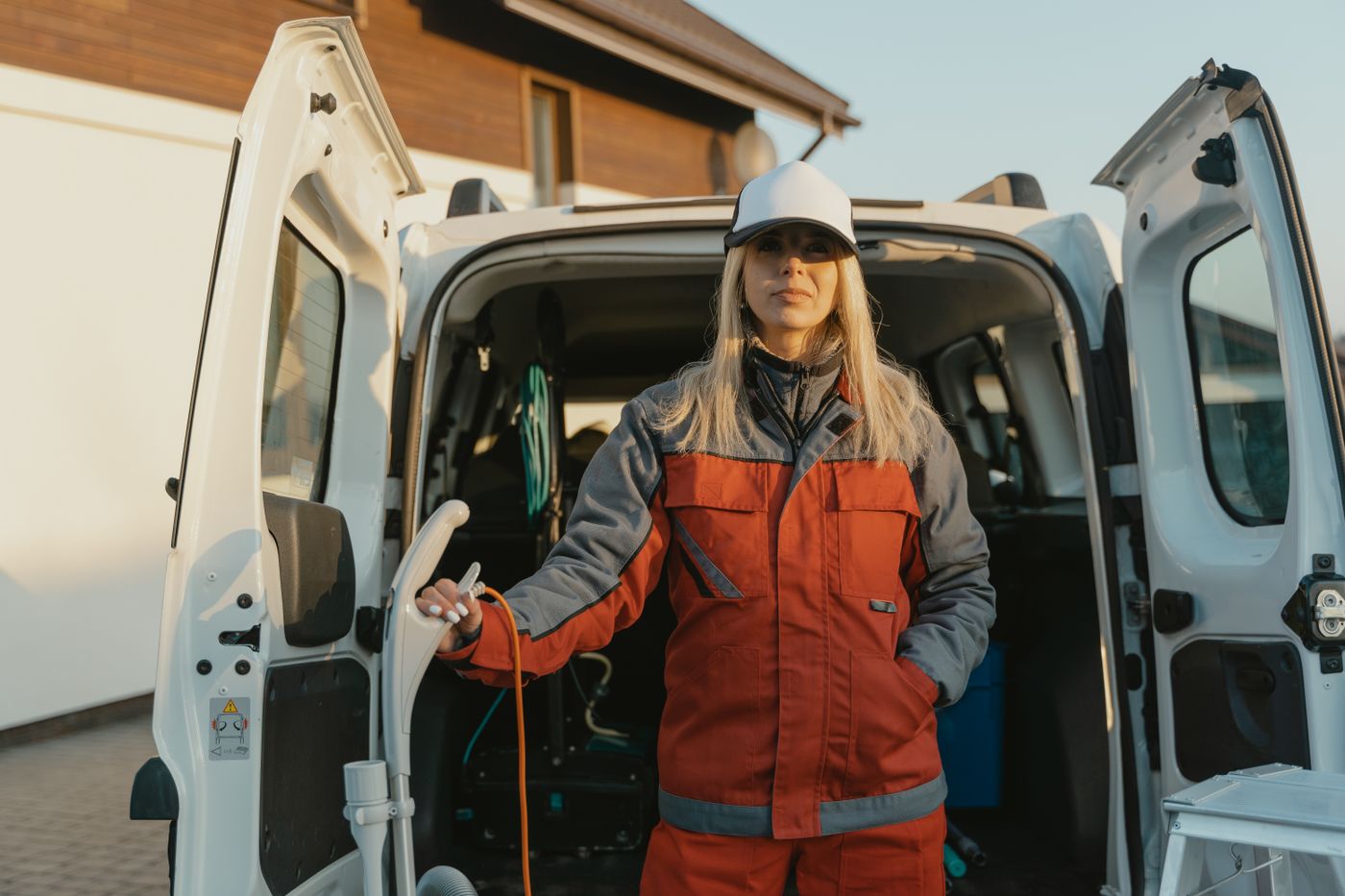 A tradeswoman in a red and grey work uniform and a white cap at the open back doors of a white service van, one hand on a cleaning machine.