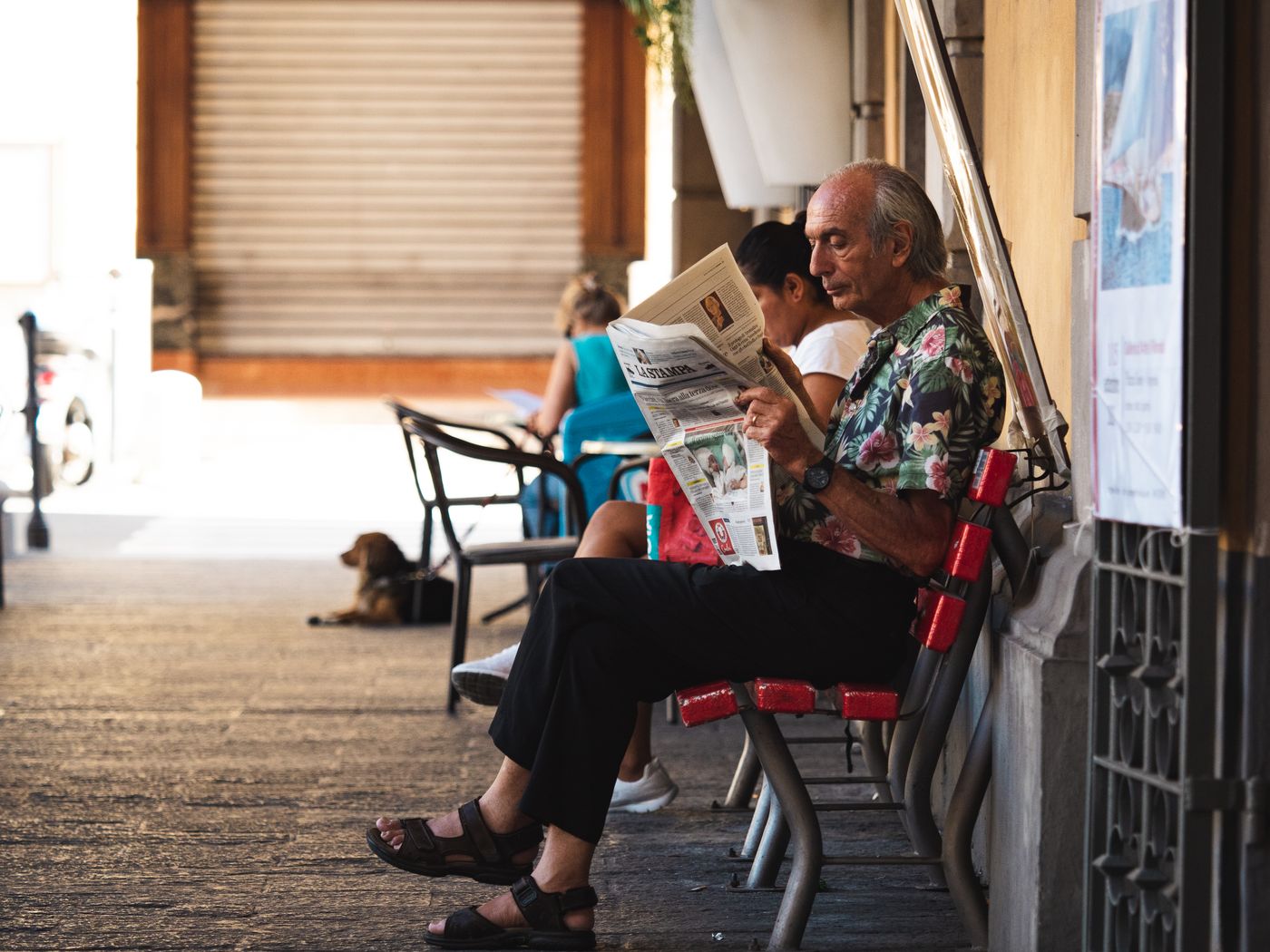 An older man in a floral shirt reading a newspaper on a red bench under a shop arcade, a dog lying on the pavement behind him.
